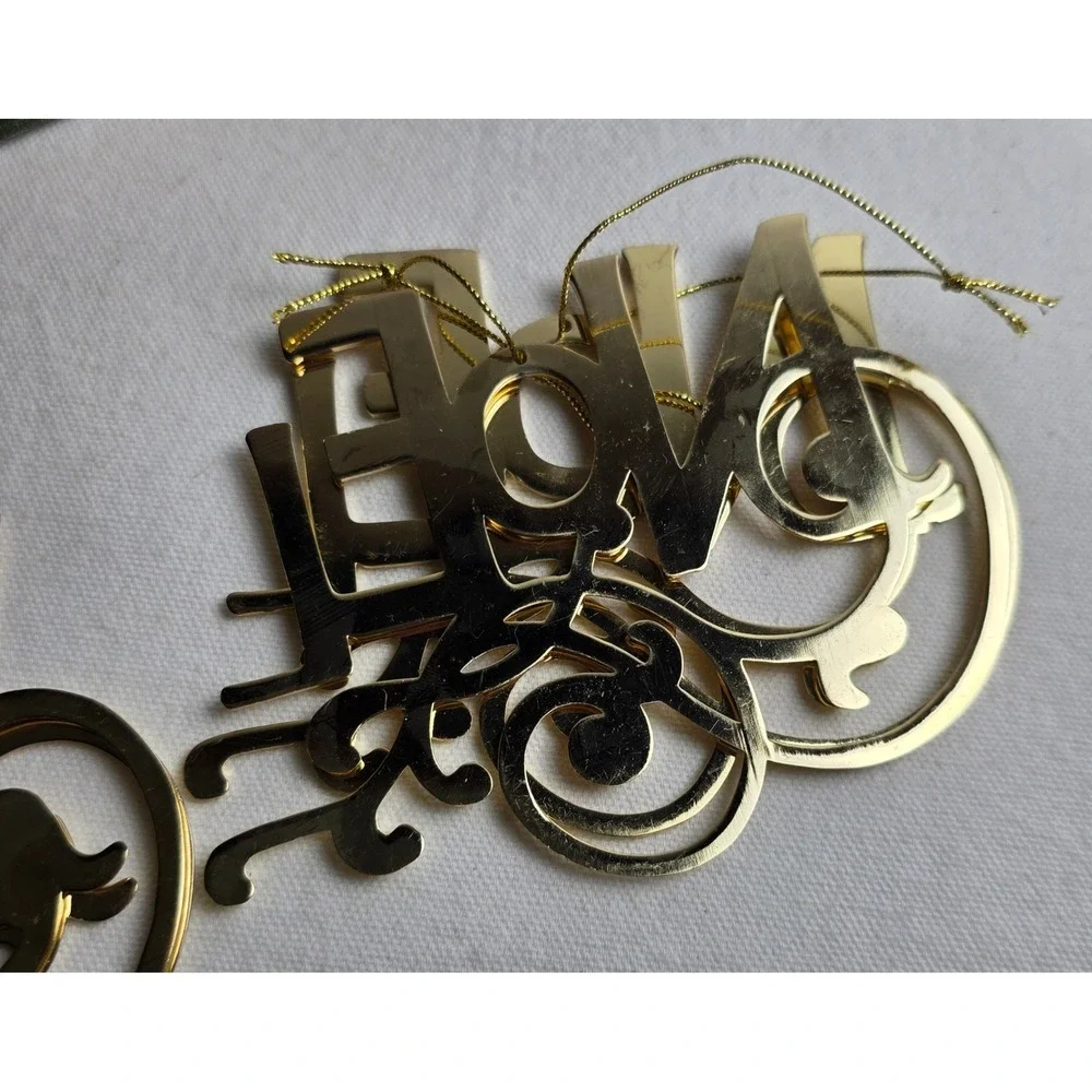 Gold Metal Joy Noel Christmas Ornaments Set of 4 Filigree Scrollwork Holiday